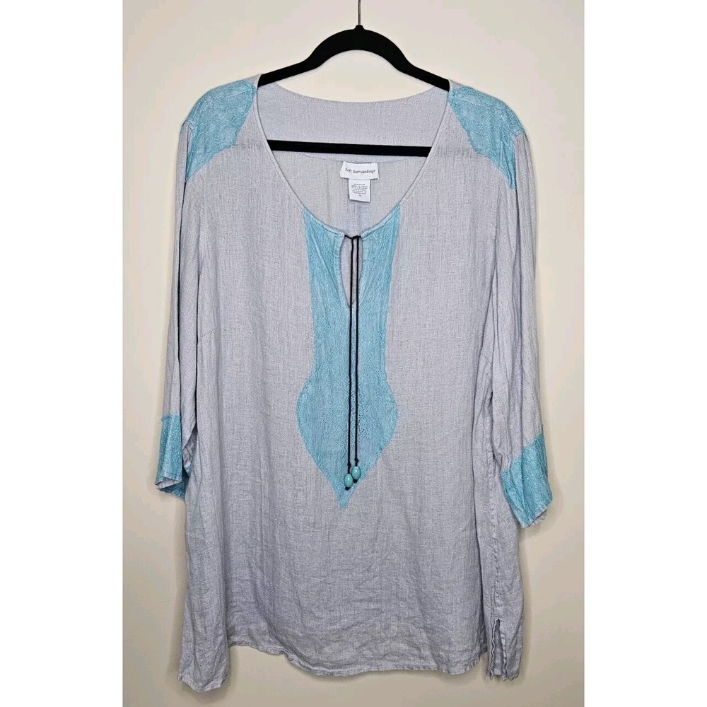Soft Surroundings 100% Linen Boho Sz 1X Top Gray Turquoise Tie Neck Long Sleeve
